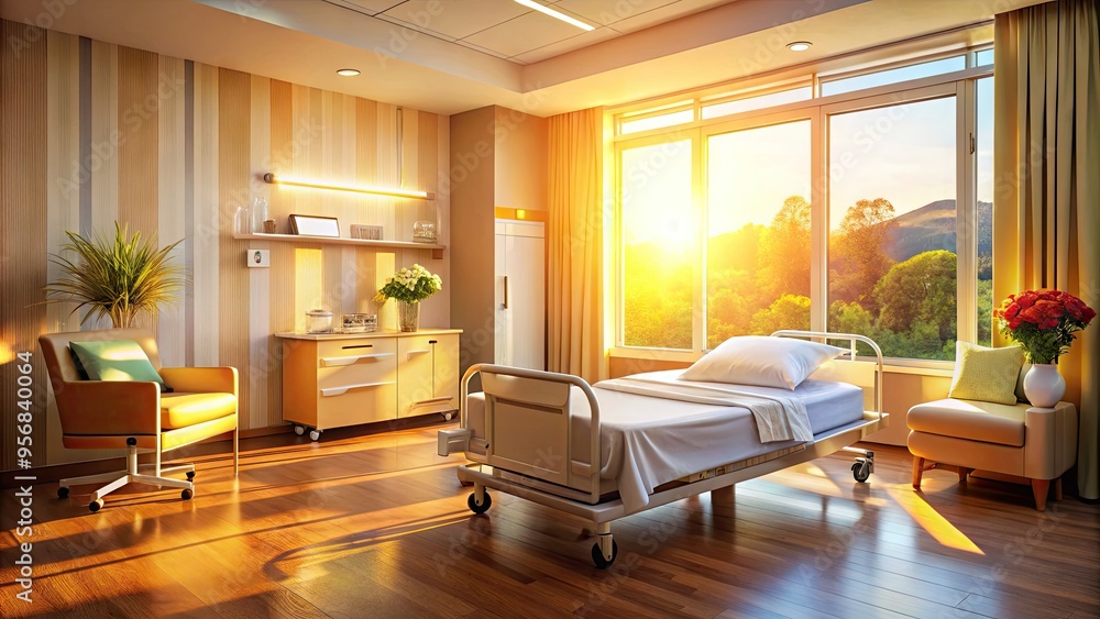 Fototapeta premium A serene hospital room ambiance with a warm glow, soft focus, and gentle shadows, conveying a sense of peaceful transition and dignity in final moments.