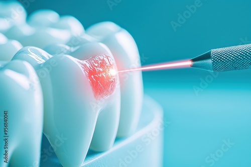 Innovative dental treatment using laser technology on a model tooth, highlighting precision and modern dentistry.