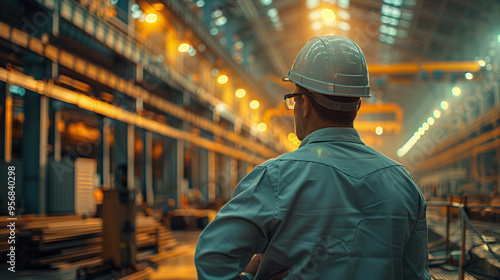 A senior engineer wearing a hard hat stands in a large industrial facility, surrounded by towering machinery and complex piping.