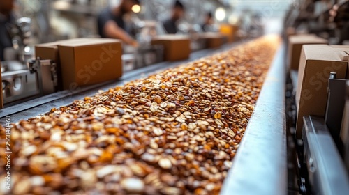 A closeup of multigrain cereal on a factory conveyor belt, showing workers packaging healthy snack boxes.