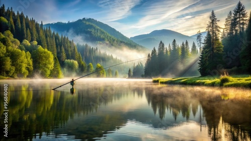 A serene morning scene featuring a lone fly fishing rod casting a line into a calm, misty lake surrounded by lush green forest and mountains.