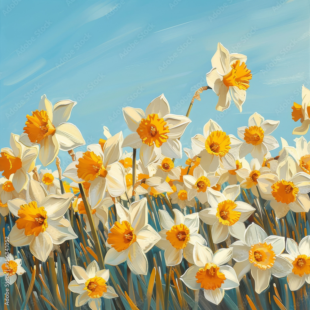 A vibrant field of blooming daffodils under clear blue sky, evoking sense of joy and renewal. A vibrant field of blooming daffodils under clear blue sky, evoking sense of joy and renewal.