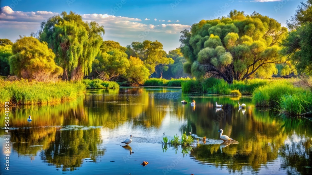 A serene wetland habitat with lush green vegetation and tranquil water reflections, providing a safe haven for diverse species of birds and wildlife to thrive. A serene wetland habitat with lush green vegetation and tranquil water reflections, providing a safe haven for diverse species of birds and wildlife to thrive.