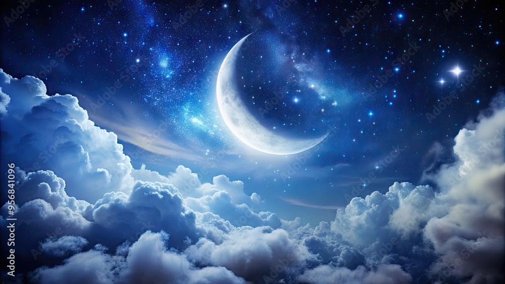 A serene white crescent moon shining brightly amidst a starry night sky, surrounded by gentle, whispery clouds, symbolizing peaceful slumber and dreamful rest. A serene white crescent moon shining brightly amidst a starry night sky, surrounded by gentle, whispery clouds, symbolizing peaceful slumber and dreamful rest.