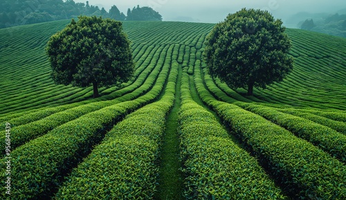 An aerial view of an open field with rows and rows of green tea plants, surrounded by fields in various shades of green. 