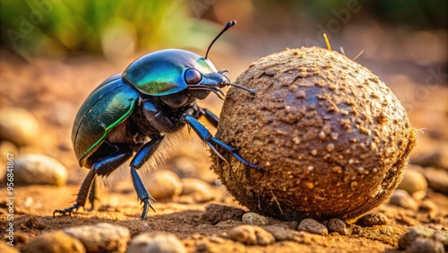 A shiny black dung beetle with iridescent blue-green wings pushes a large brown dung ball across a dry, cracked earth surface in African savannah. photo