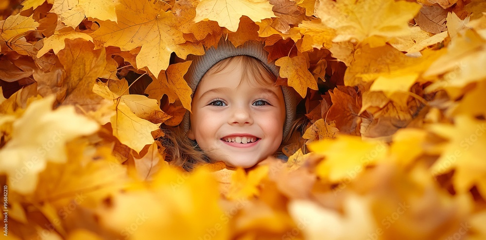Joyful Child Hiding Behind Autumn Leaves, AI generated illustration Joyful Child Hiding Behind Autumn Leaves, AI generated illustration