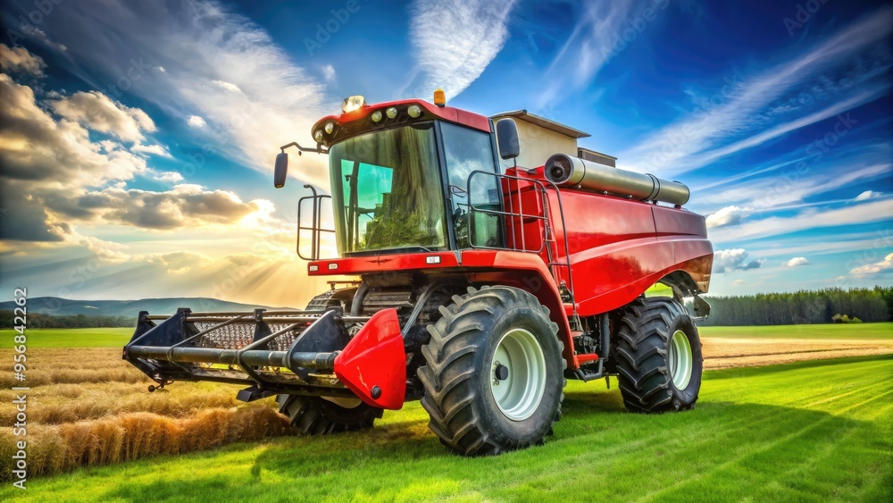 Fototapeta premium A shiny red agricultural machine with modern features and advanced technology sits proudly on a green grassy field, ready for heavy-duty farm work.