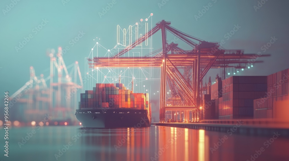 Fototapeta premium Container ship unloading at the harbor with a crane, background featuring an increasing graph. Visualizes the link between dock operations and export growth.