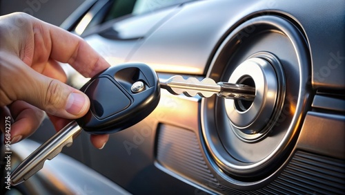 A shiny silver key is inserted into the ignition of a sleek, black sports car, ready to turn and ignite the engine to life. photo