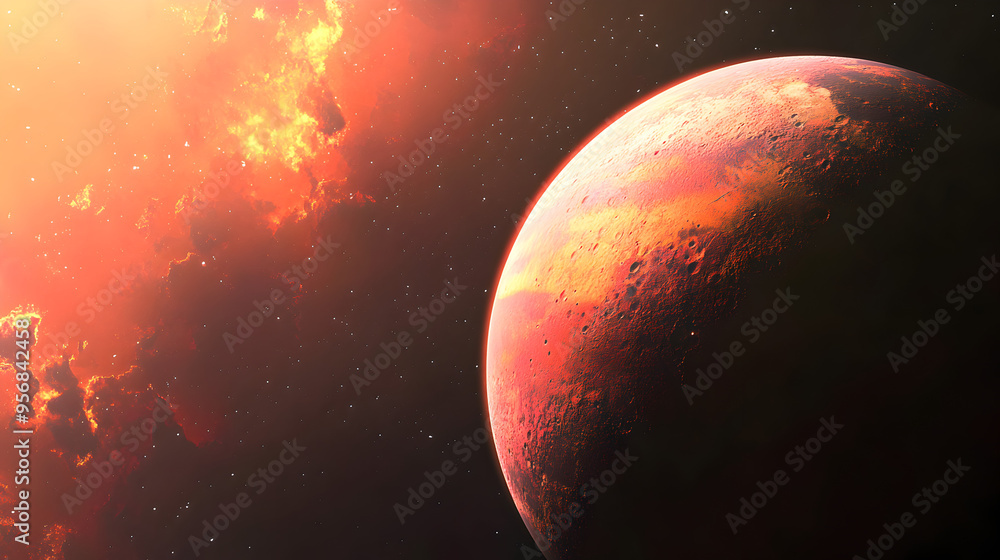 A planet with an atmosphere glowing in shades of orange and pink, reflecting on a nearby moon’s surface.
A planet with an atmosphere glowing in shades of orange and pink, reflecting on a nearby moon’s surface.