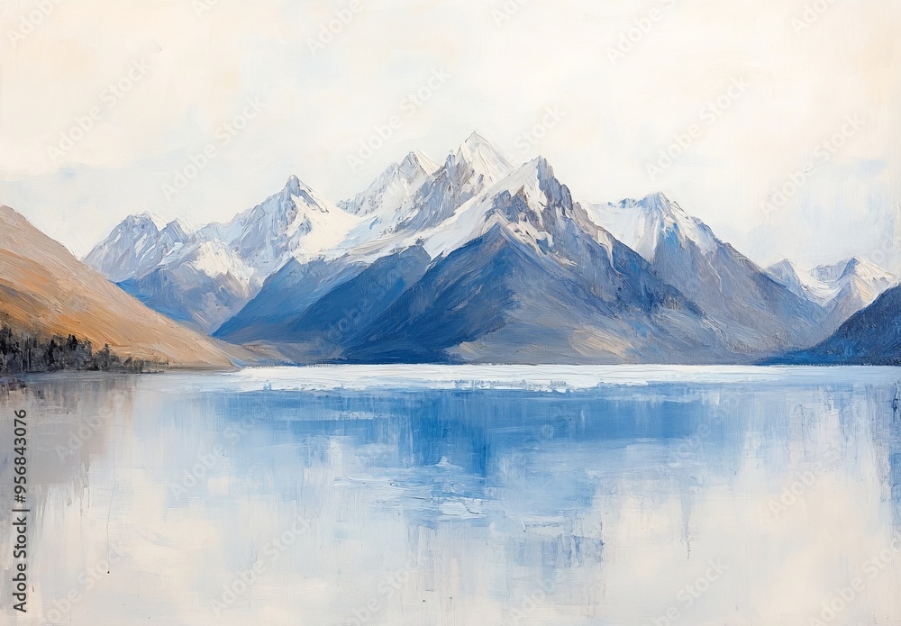Snowcapped Mountains and Blue Lake in New Zealand, Minimalist Style, AI generated illustration Snowcapped Mountains and Blue Lake in New Zealand, Minimalist Style, AI generated illustration