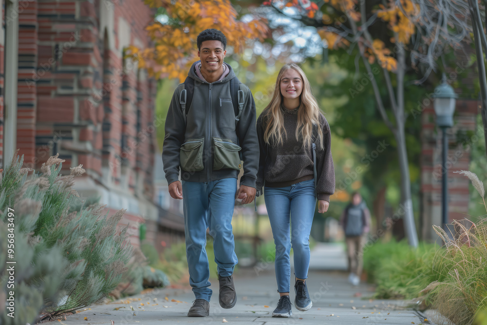 Obraz premium Photo full-length of happy college students walking together on campus.