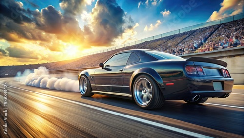 A sleek, high-performance drag race car accelerates down a racing strip, its rear wheels smoking and engine roaring, surrounded by blurred grandstand and blue sky.