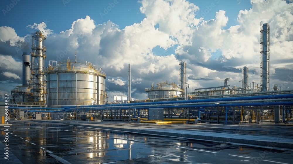 Industrial facility with large tanks and pipelines under a blue sky with clouds, showcasing modern energy production. Industrial facility with large tanks and pipelines under a blue sky with clouds, showcasing modern energy production.