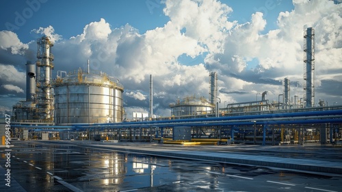 Industrial facility with large tanks and pipelines under a blue sky with clouds, showcasing modern energy production.