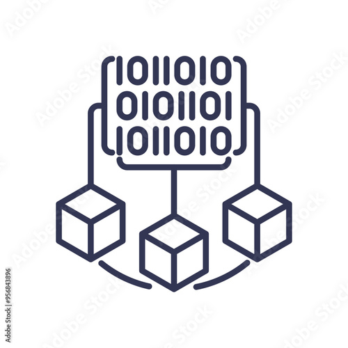 Illustration of data management with binary code and interconnected blocks representing data storage and organization.