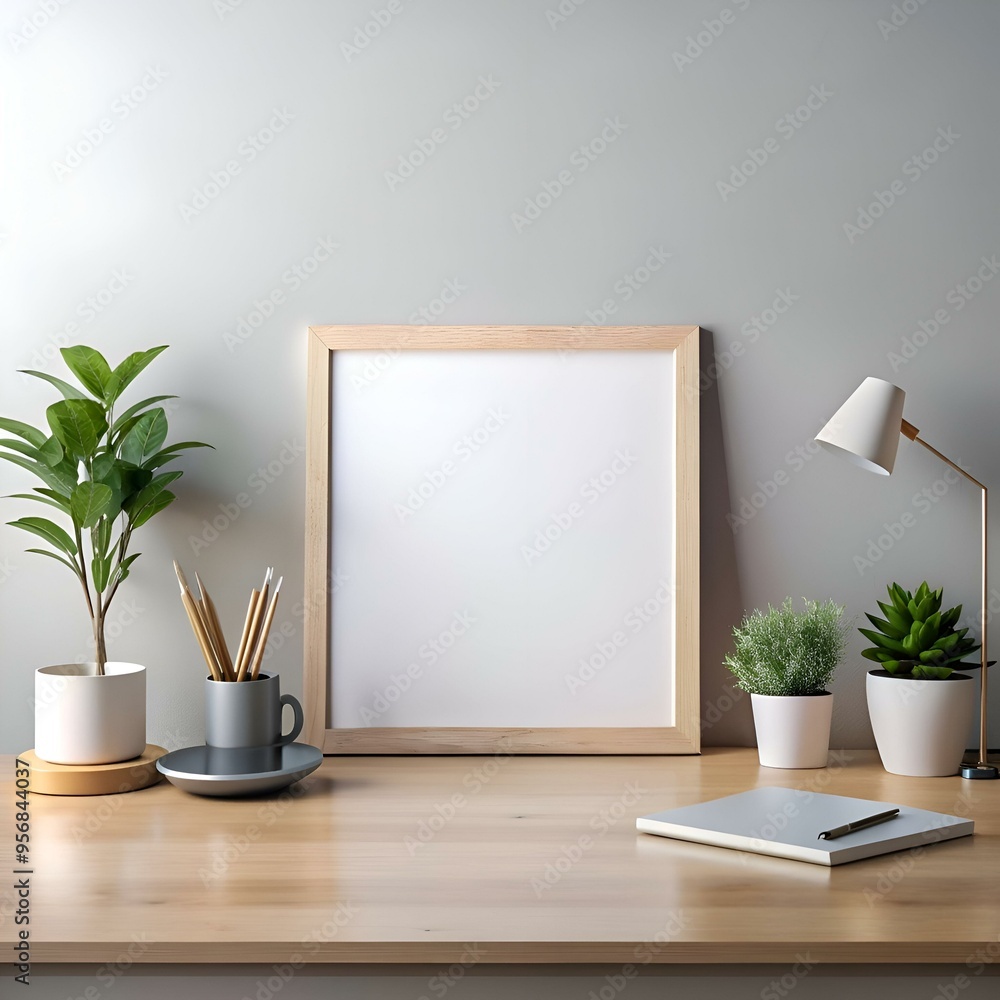 Modern minimalist mockup featuring a blank frame on a wooden desk with plants. pencils. a notebook and a lamp. Modern minimalist mockup featuring a blank frame on a wooden desk with plants. pencils. a notebook and a lamp.