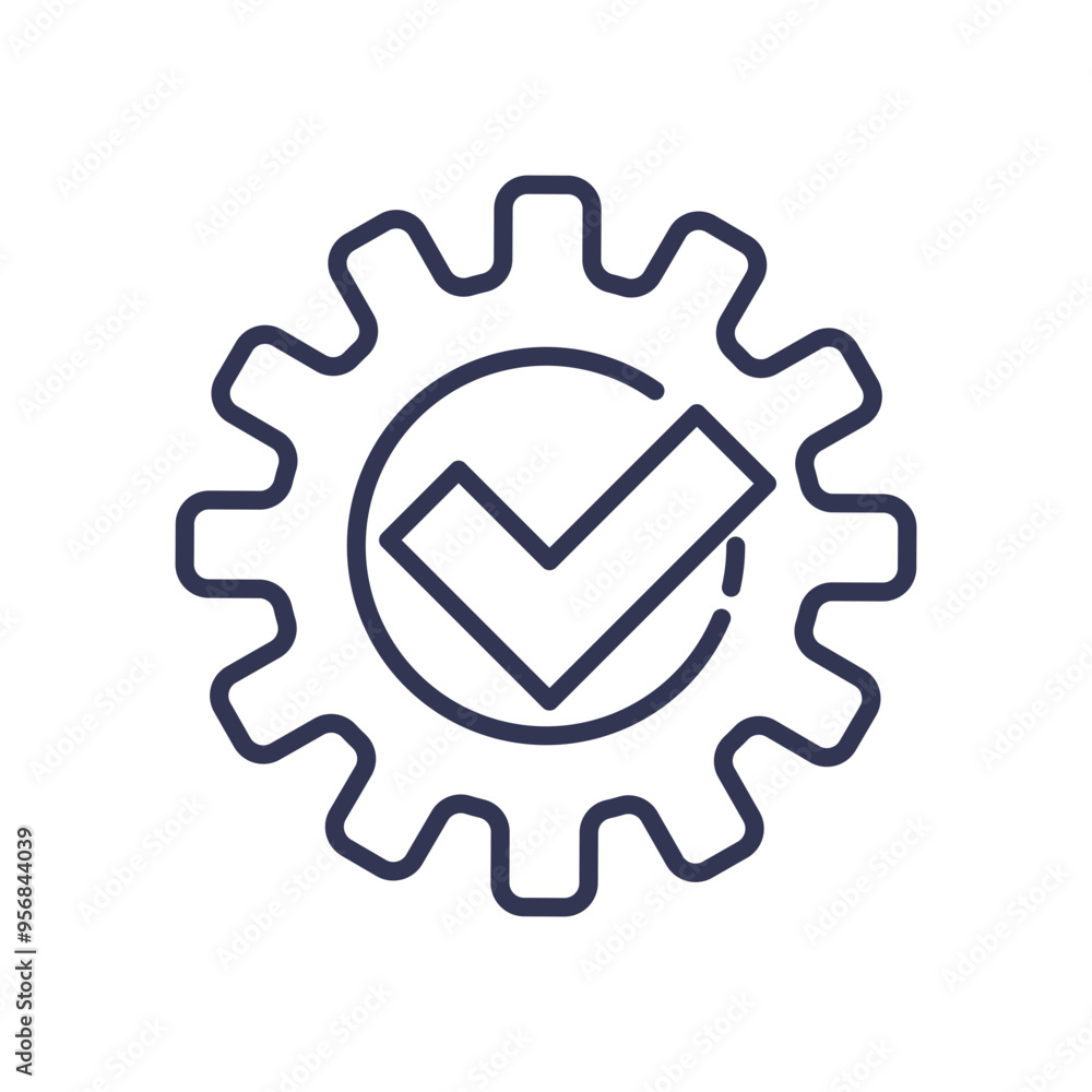 Gear with check mark symbolizing process optimization and efficiency. Gear with check mark symbolizing process optimization and efficiency.