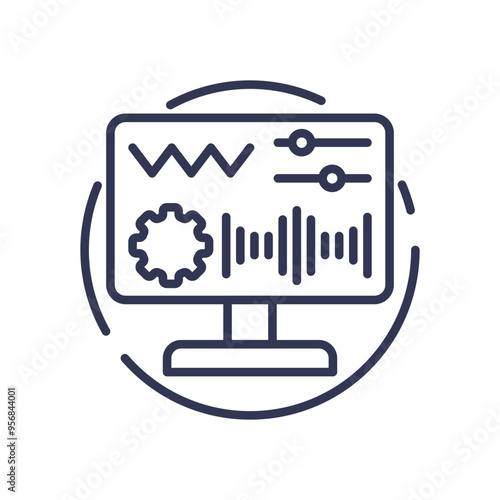 Illustration of a computer monitor displaying performance tracking metrics, including graphs, sliders, and gears, symbolizing data analysis and optimization.