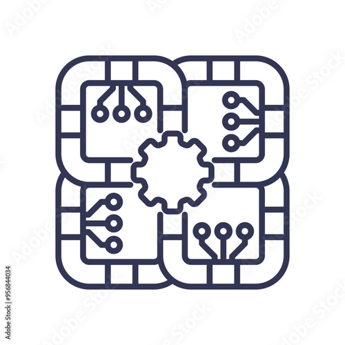 Illustration of interconnected circuits and a central gear symbolizing data flow and integration in PipelineFlow.