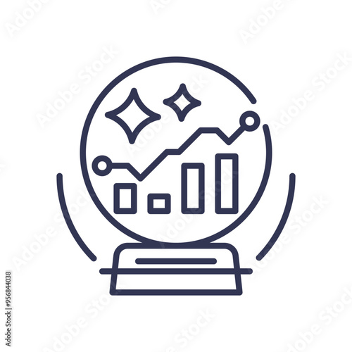 A crystal ball with a bar chart and line graph symbolizes predictive analytics and future forecasting.