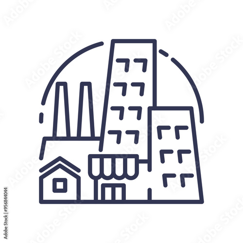 Illustration of various property types including residential, commercial, and industrial buildings.