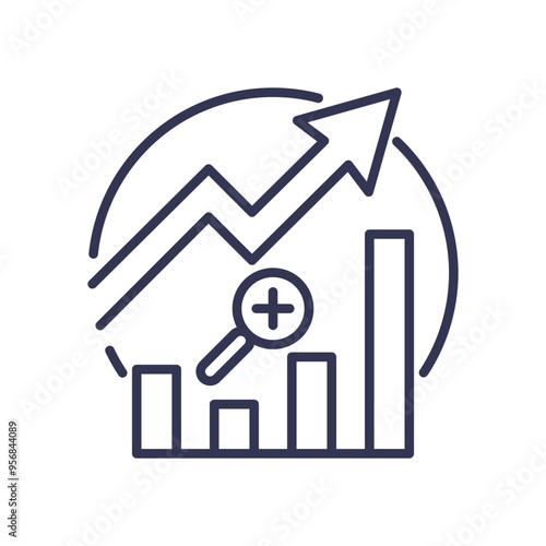 Graph with upward arrow and magnifying glass symbolizing growth and analysis in training processes.