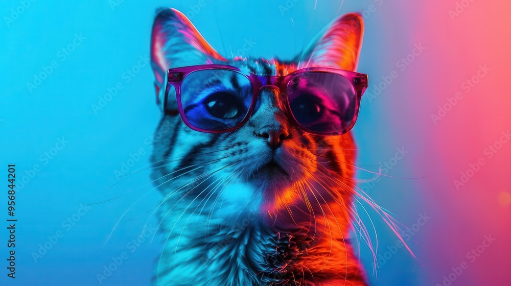surreal portrait of a regal feline sporting avantgarde sunglasses vivid blue backdrop with abstract patterns reflects in the lenses creating a pop artinspired feline fashion icon surreal portrait of a regal feline sporting avantgarde sunglasses vivid blue backdrop with abstract patterns reflects in the lenses creating a pop artinspired feline fashion icon