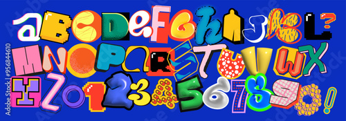 A vibrant and eclectic 3D alphabet featuring a variety of letters and numbers in different styles and shapes. Suitable for fun and creative designs, kids projects, posters and holiday events.