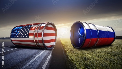 U.S. and Russia Oil Barrels Symbolizing Energy Conflict