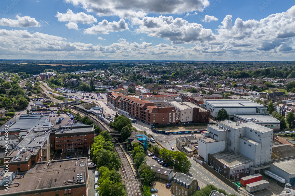 Obraz premium Aerial drone shot over the town of Bishops Stortford in England