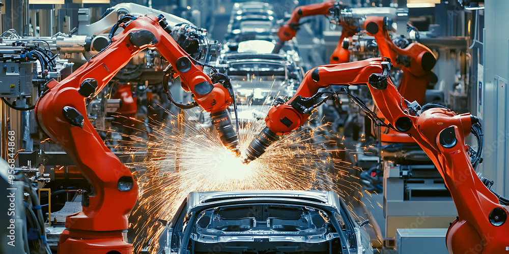 Fototapeta premium Technologie avancée de soudure robotisée dans une usine automobile