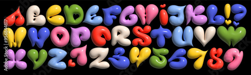  A vibrant colorful Latin 3D bubble font with heart-shaped letters, blending playful graffiti and cartoon styles.  Font with numbers inflated figures in a cartoon children's style.