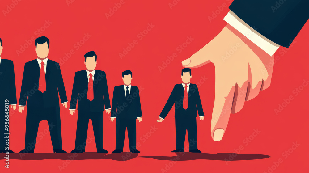The illustration portrays a business concept where a large hand is seen ...