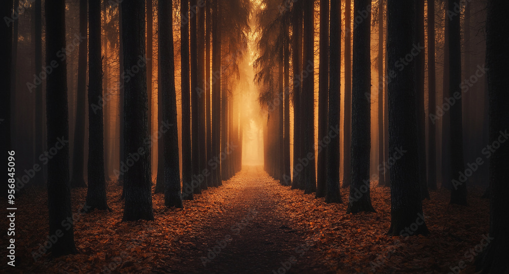 Fototapeta premium A mystical forest with tall trees, bathed in golden light filtering through the foggy atmosphere.