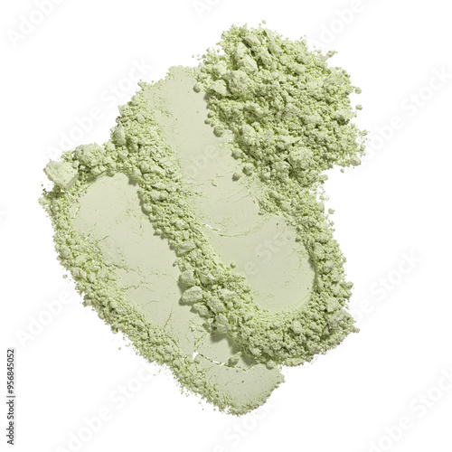 Texture round swatches of cosmetic green clay kaolin, eye shadow, corrector concealer powder on a white isolated background. Natural face mask. Dry matcha tea photo