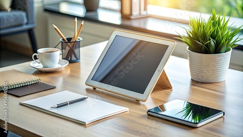 A sleek, modern tablet lies on a clutter-free desk, surrounded by minimalistic office supplies, exemplifying intuitive technology and effortless workflow integration.