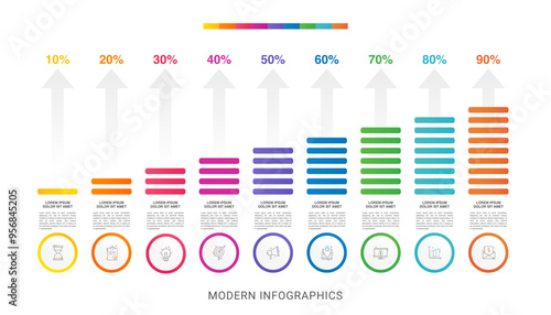 Presentation of modern vector infographic. Business template with 9 steps, arrows with illustration Infographic for bar graph, chart, app, slides. Progress bar with nine steps percentage diagrams.