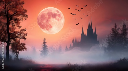 A vampireâ€™s castle set with gothic architecture, tall towers, bats flying overhead, and a blood-red sky