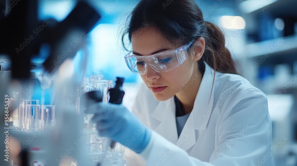 A medical researcher conducts tests in a lab, surrounded by high-tech equipment and samples, reflecting innovation and scientific curiosity A medical researcher conducts tests in a lab, surrounded by high-tech equipment and samples, reflecting innovation and scientific curiosity