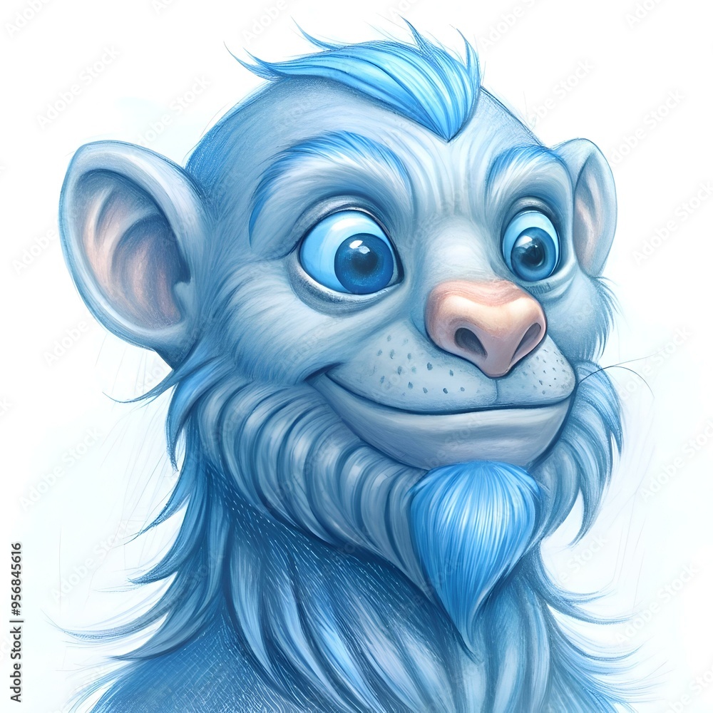 Obraz premium A charming and friendly 3D illustration of a blue furry creature with big. expressive eyes and a cute. blue beard.