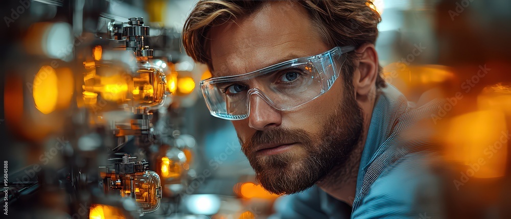 Engineer working on the production line in a factory, wearing safety glasses and a hard hat while repairing or inspecting machines with digital holographic blueprints and orange wires. Engineer working on the production line in a factory, wearing safety glasses and a hard hat while repairing or inspecting machines with digital holographic blueprints and orange wires.
