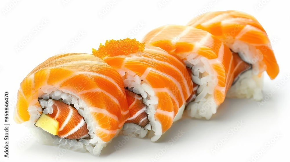 sushi perfection fresh salmon roll with vibrant orange fish and white rice isolated on clean white background food photography sushi perfection fresh salmon roll with vibrant orange fish and white rice isolated on clean white background food photography