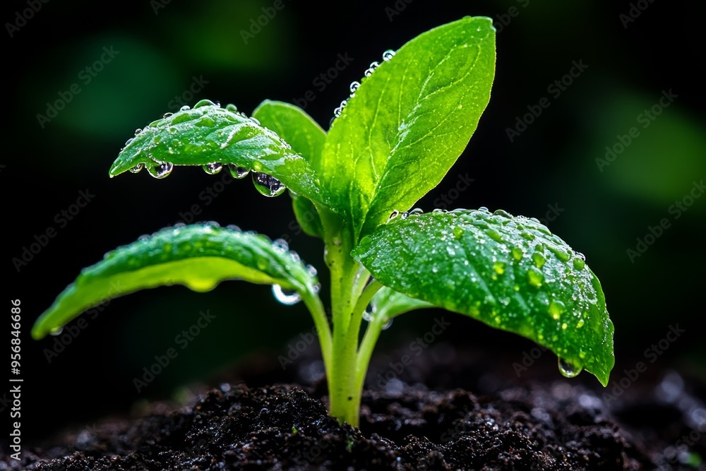 Sprout emergence, early morning, gentle dew signals the start of a plant's journey Sprout emergence, early morning, gentle dew signals the start of a plant's journey