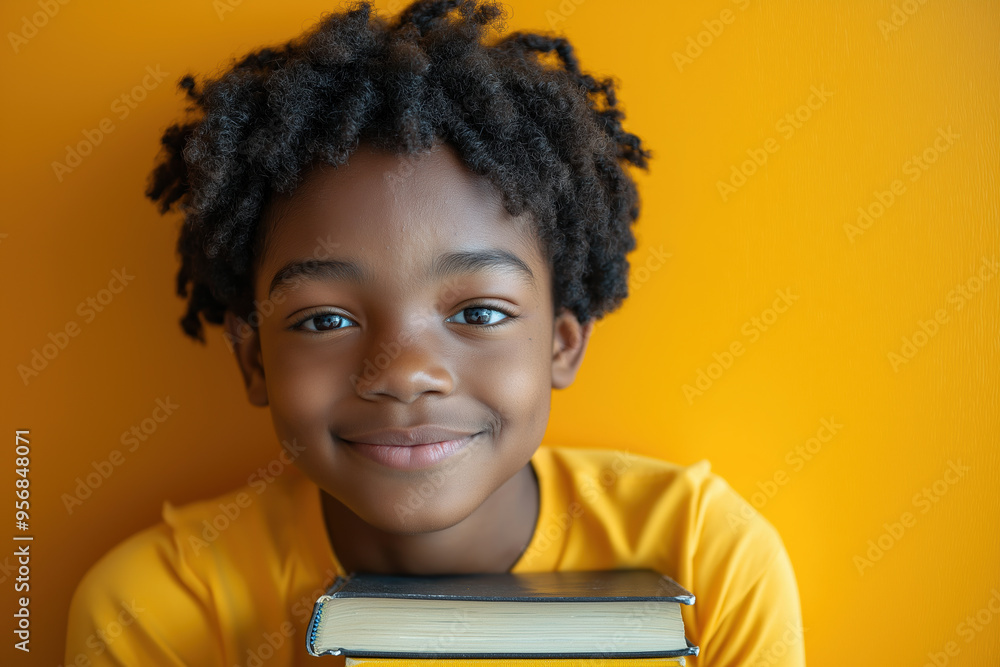 Fototapeta premium Smiling African American child with book against yellow background