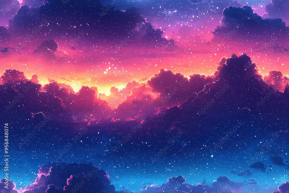 Fototapeta premium Cute cartoon-style background with stars and clouds