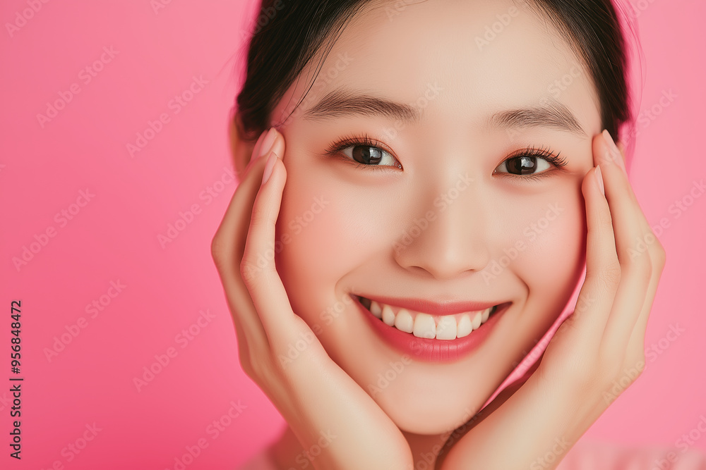 Smiling Asian woman with natural makeup against a pink background Smiling Asian woman with natural makeup against a pink background
