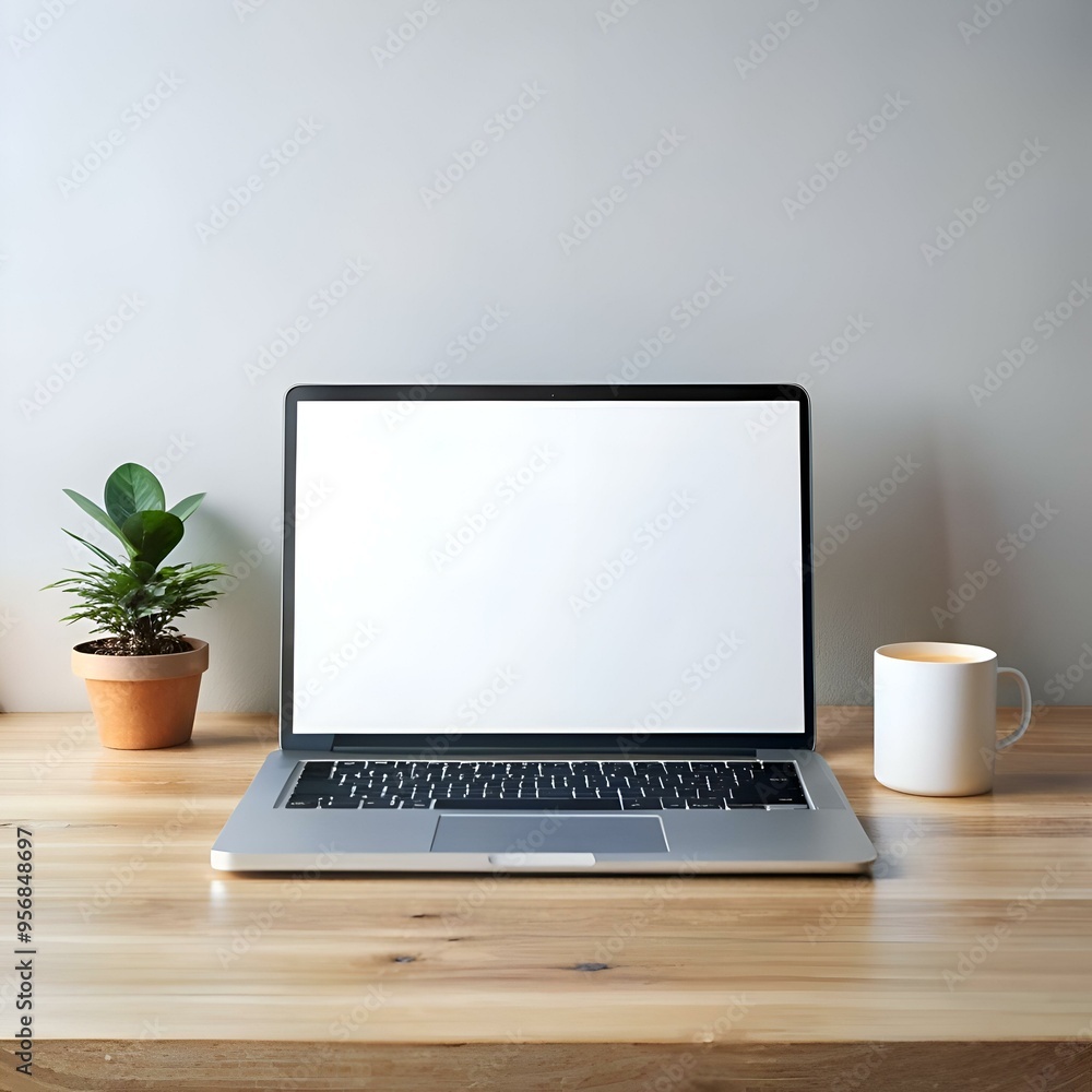 A clean and minimalist workspace with a laptop. a cup of coffee. and a plant. A clean and minimalist workspace with a laptop. a cup of coffee. and a plant.