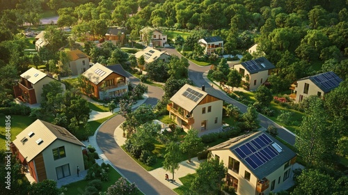 Aerial view of a modern eco-friendly neighborhood surrounded by lush greenery and solar-powered homes.